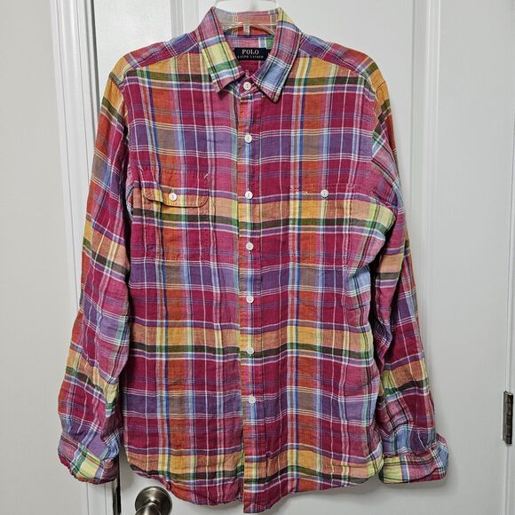Polo Ralph Lauren Linen Shirt Men's Medium Plaid Colorful Button Up Long Sleeves - Picture 1 of 8